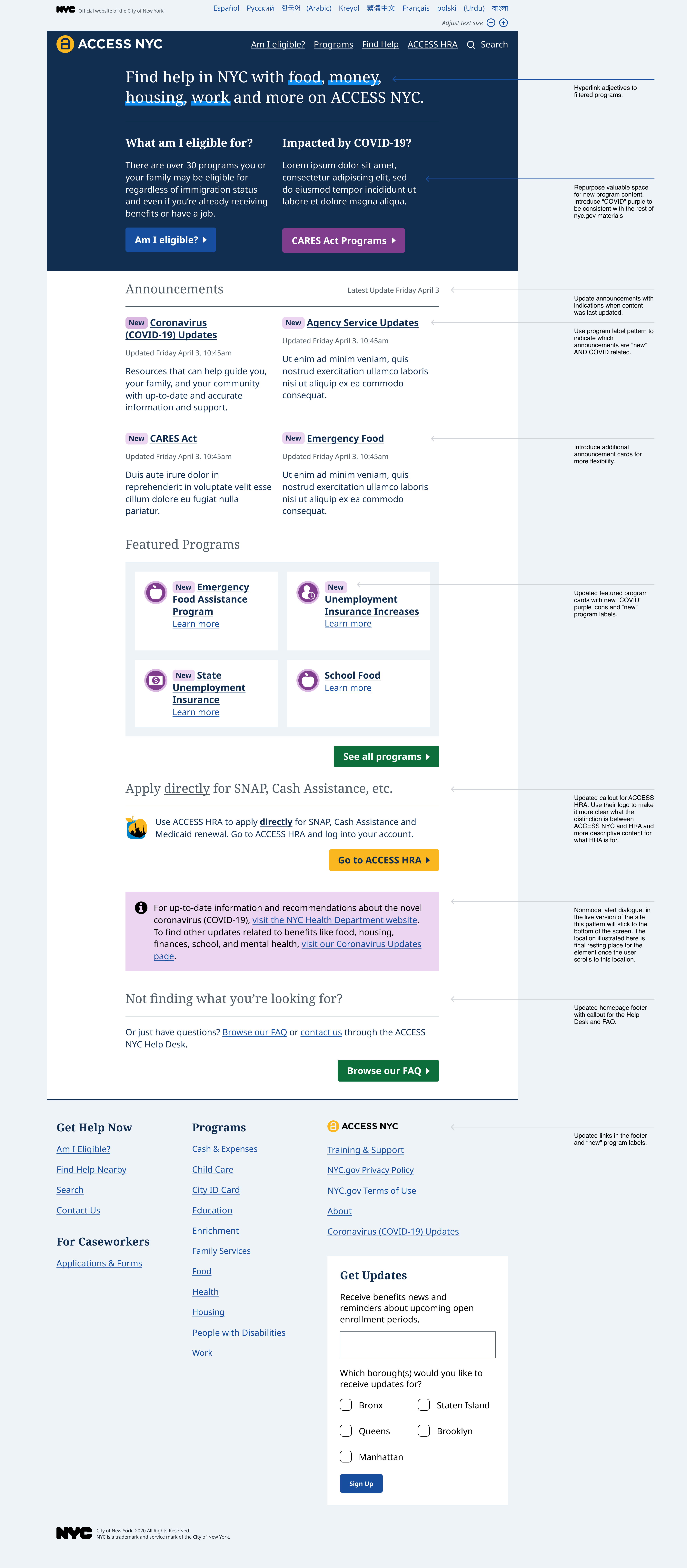 The ACCESS NYC homepage with annotations of the COVID response enhancements.