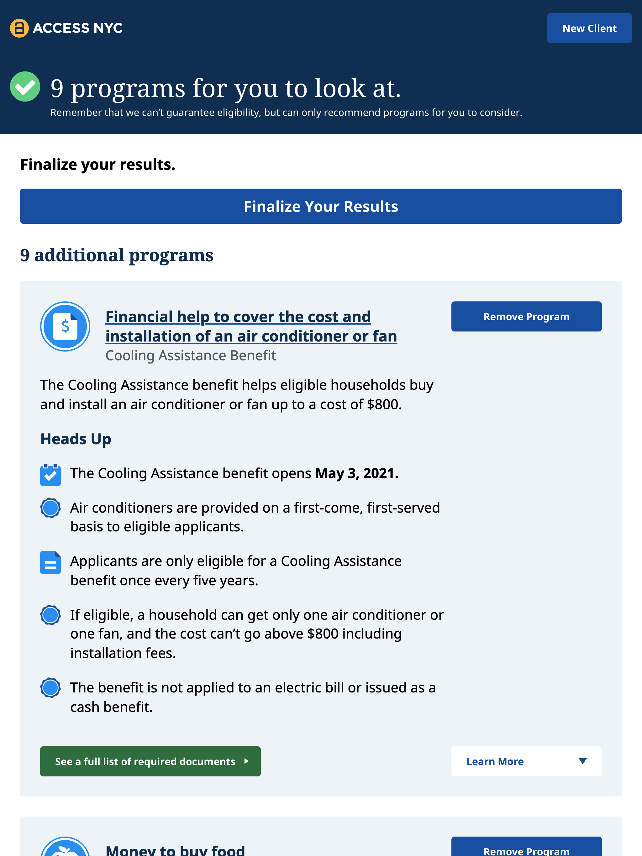 Screenshot of the screener results page
