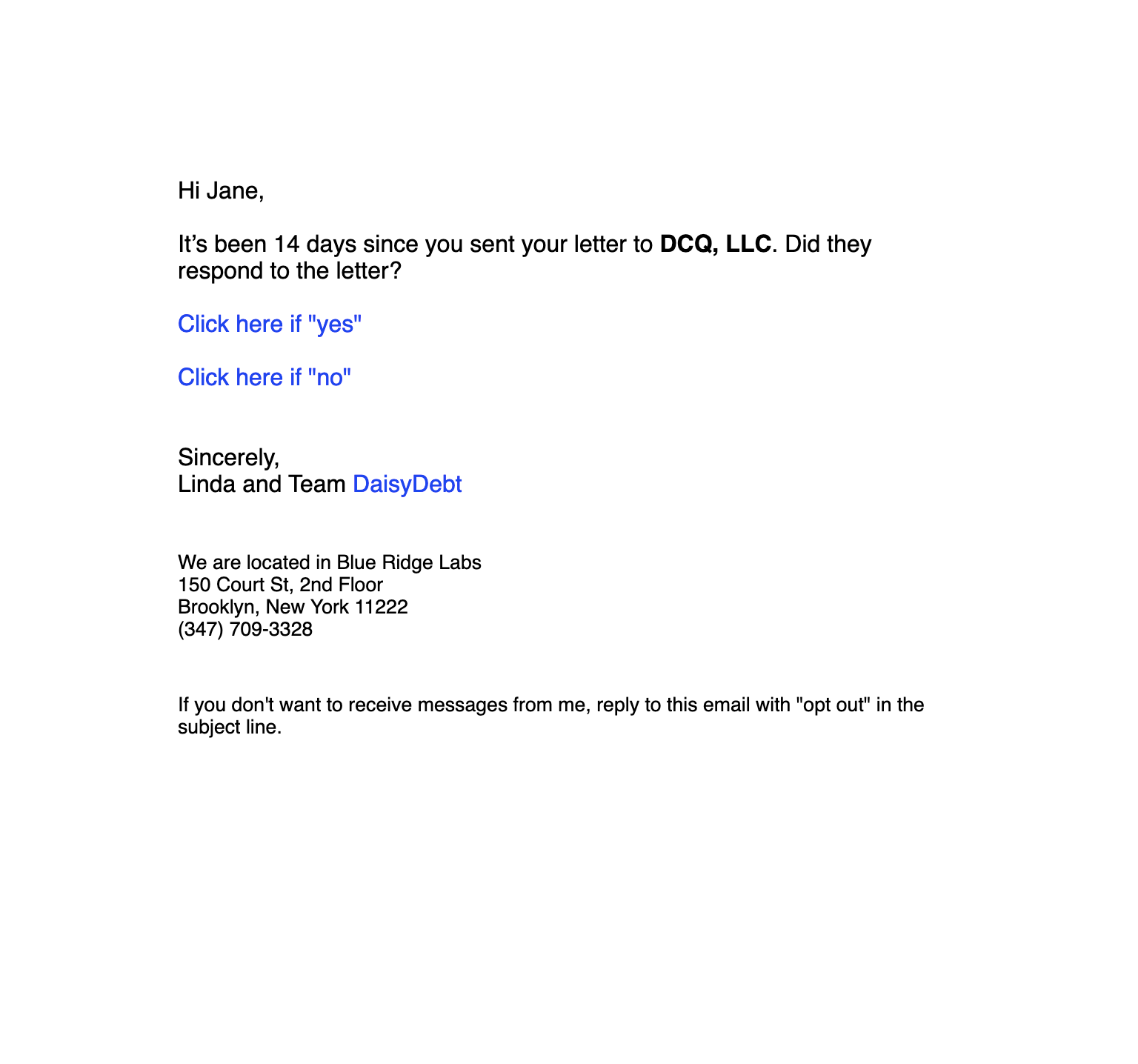 The day fourteen follow-up email.