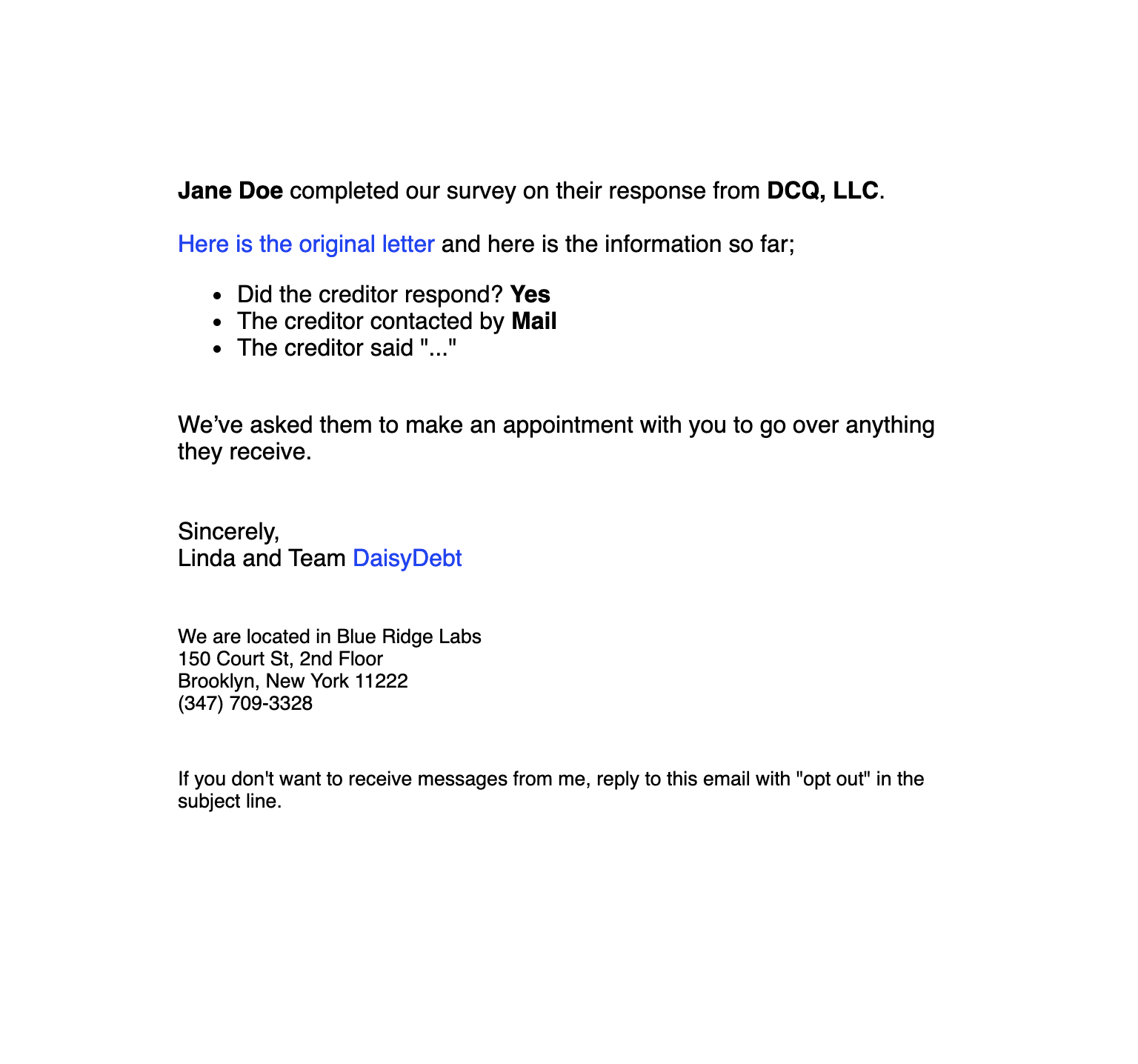 The follow-up email to the client's financial counselor.
