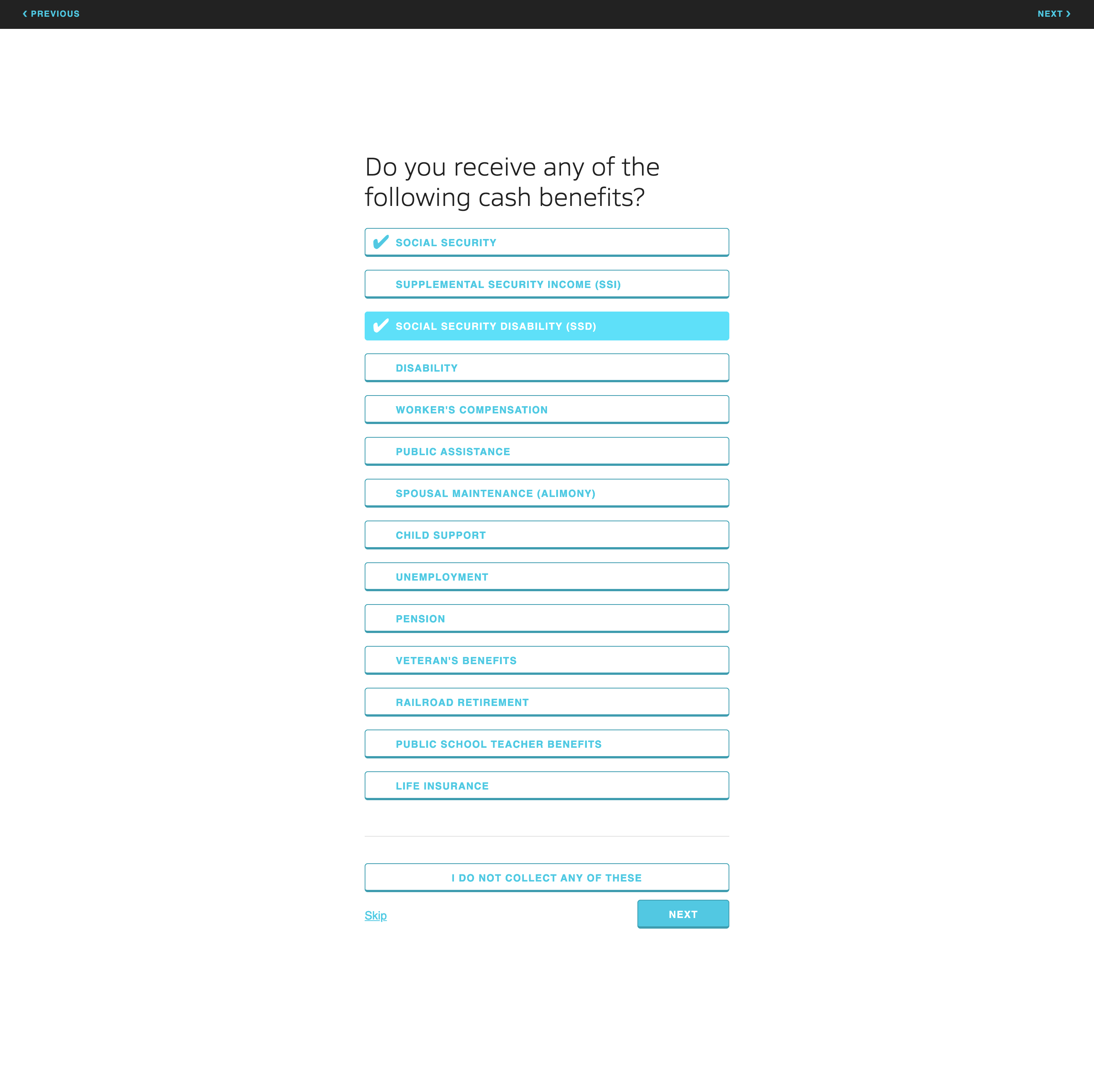 The exempt income entry page.