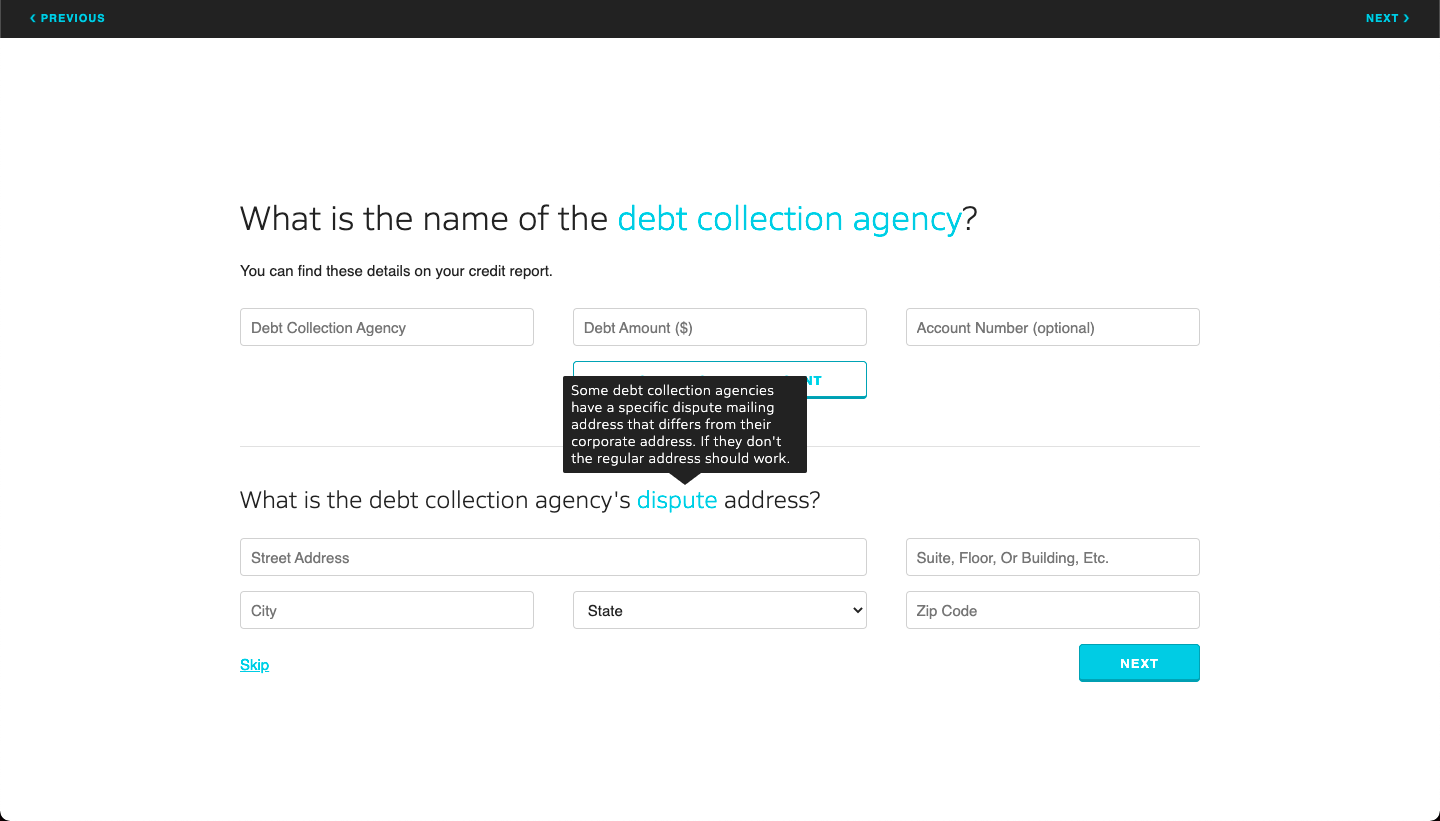 The creditor details address popover tip.
