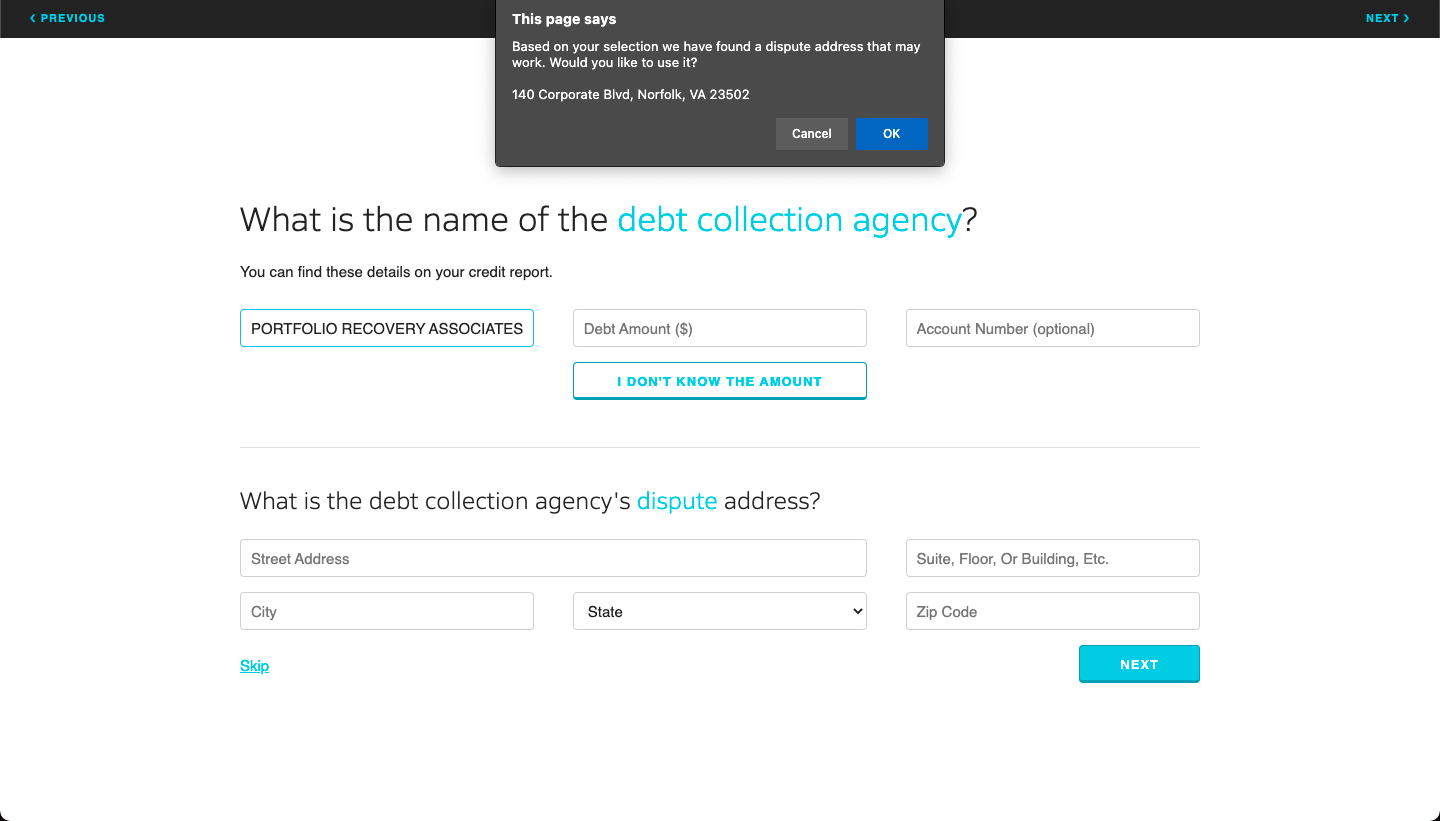 The creditor details autofill alert.