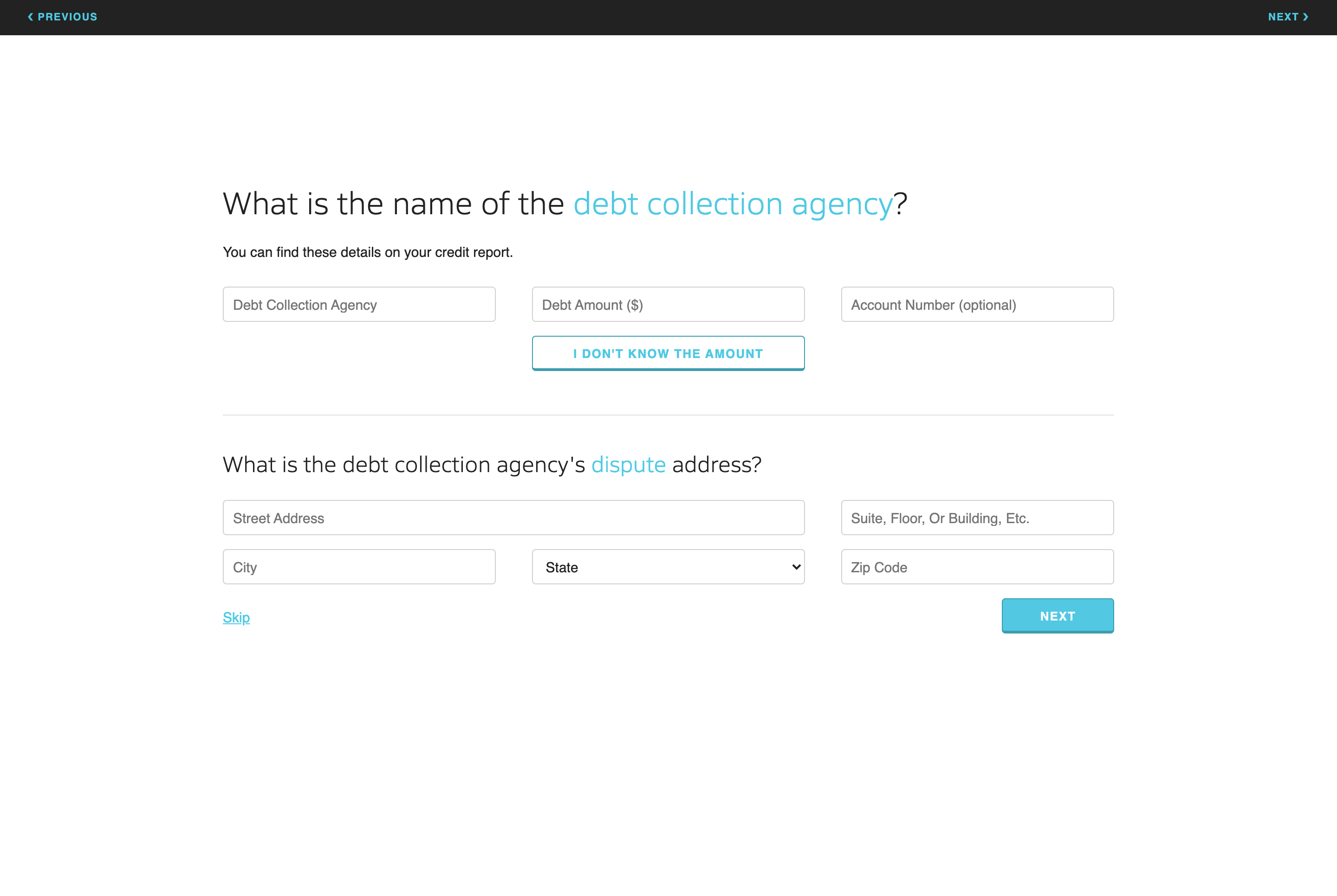 The creditor details page.