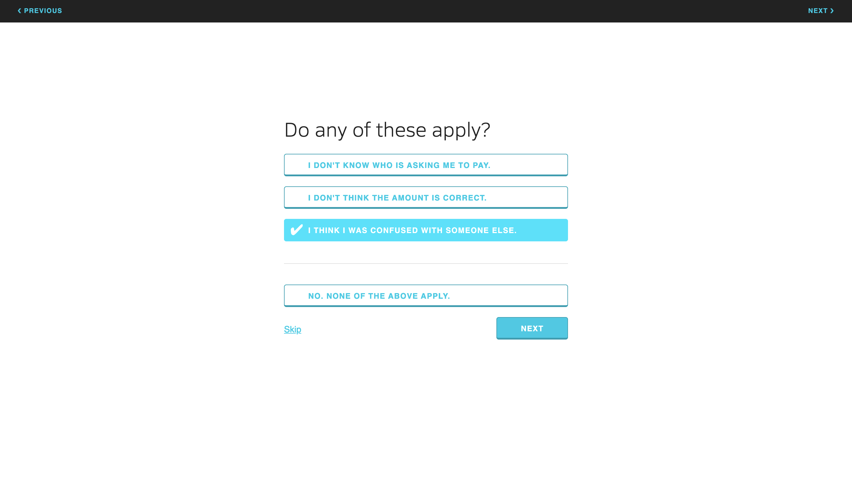 The dispute debt page.