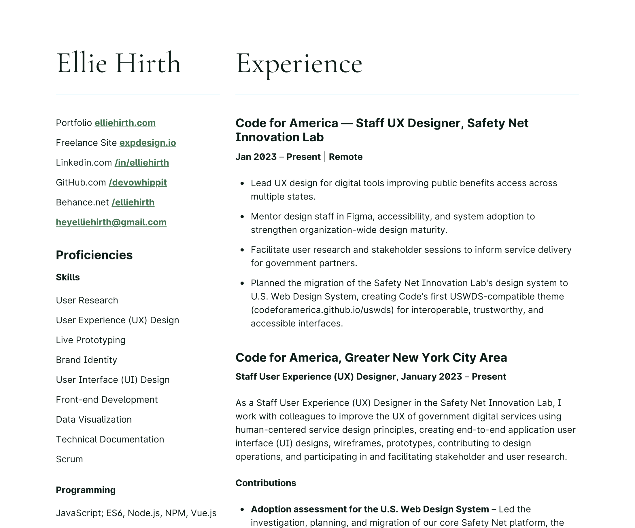 Screenshot of a the first page of a resume